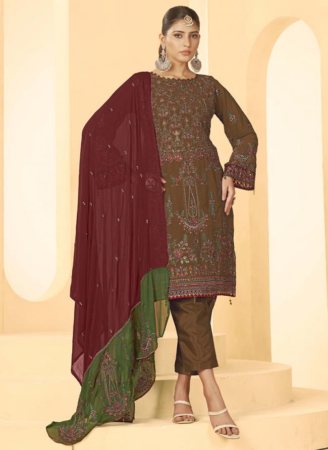 Georgette Brown Party Wear Embroidery Work Straight Suit